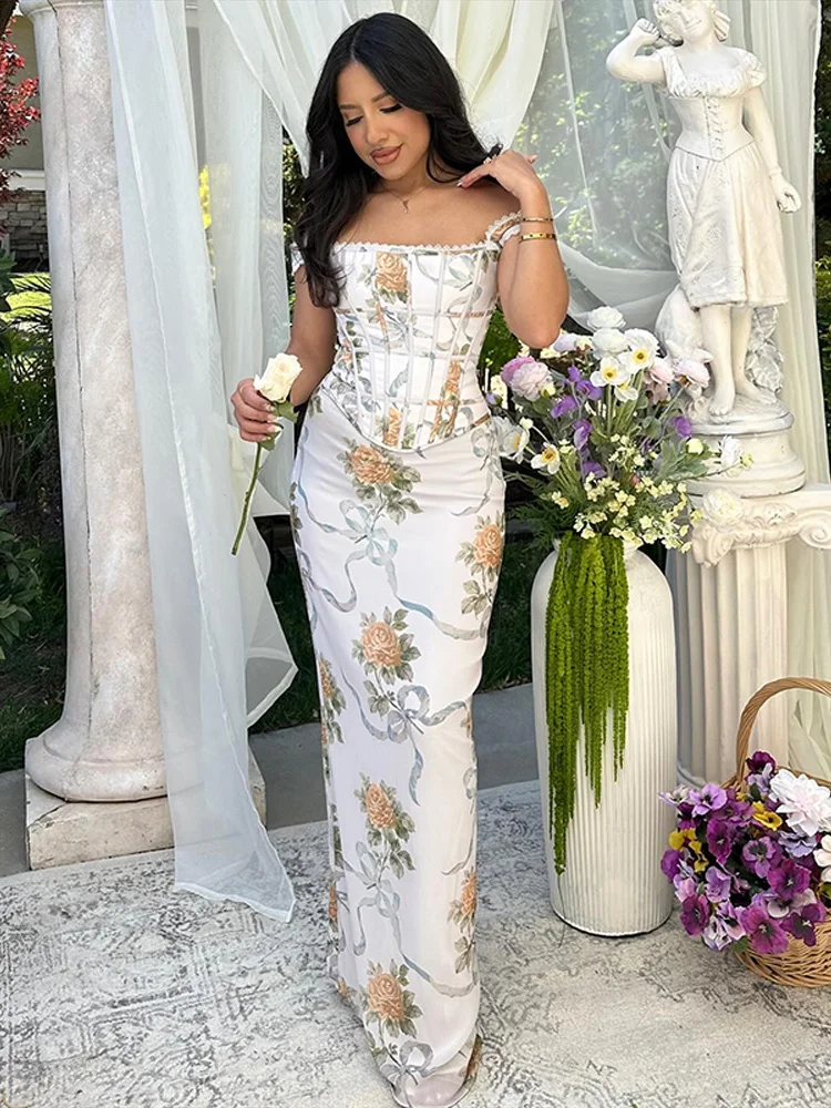 

Sexy Print Slim Women 2 Pcs Suits Backless Fishbone Sheath Tube Tops High Waist Hip Package Long Skirts Glamorous Ladies Outfits