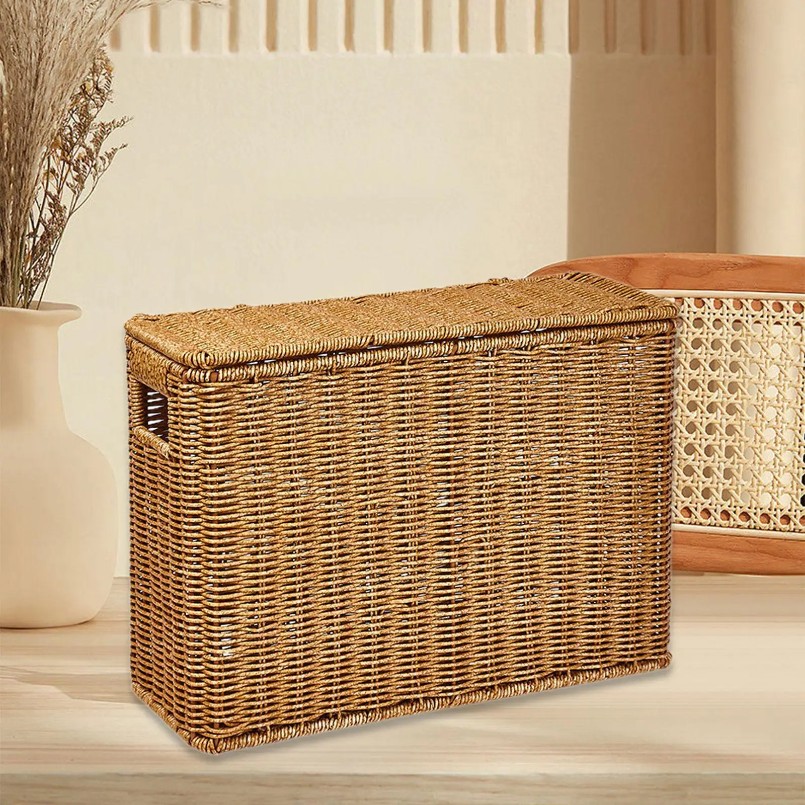 Woven Organize Basket Rectangular Plastic Storage Box Narrow Tall Journal Holder for Office Cabinet Bedroom