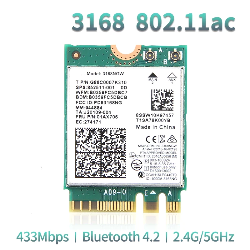 

600Mbps Bluetooth 4.2 For 3168 Wireless Network Card Wifi Receiver 3168NGW NGFF M.2 802.11ac Wi-fi