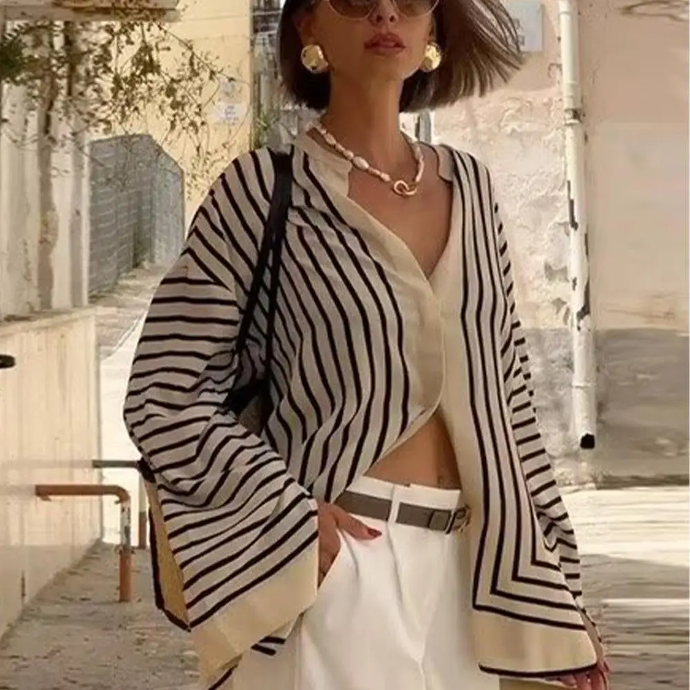 

Popular Women's Long Striped Shirt Casual Style Single Sved Comfortable Fit Printed Fabric Winter Collection Non-Shrinking