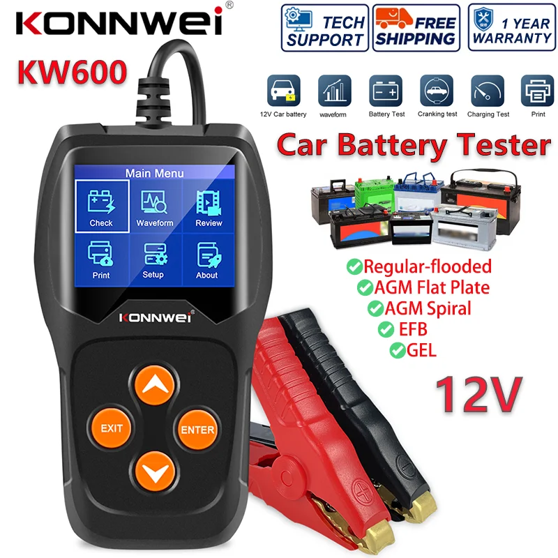 2026 KONNWEI KW600 Car Battery Tester 6V-12V 100-2000CCA GEL EFB AGM Real-time Battery Health Diagnostic Battery Analyzer Tool