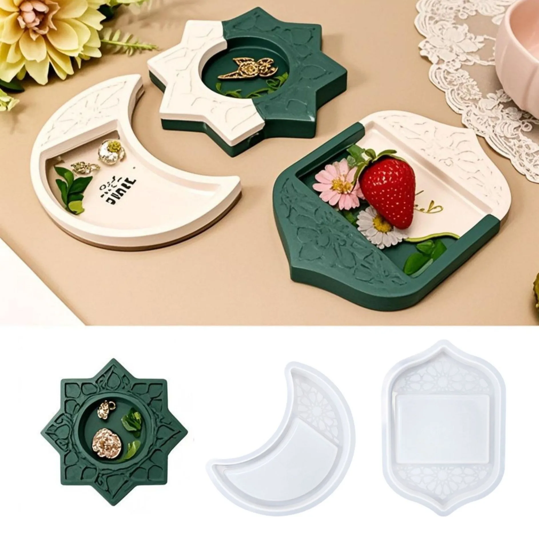 Ramadan Candle Holder Silicone Molds DIY Star Moon Persian House Top Tray Gypsum Plaster Mould Storage Plate UV Epoxy Resin Tool