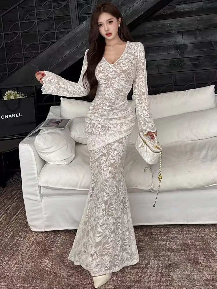 2025 Black Lace Jacquard Long Sleeve V-Neck Maxi Dress Women Vintage Hepburn Luxury Gown Autumn Winter Korean Bodycon Prom Dress