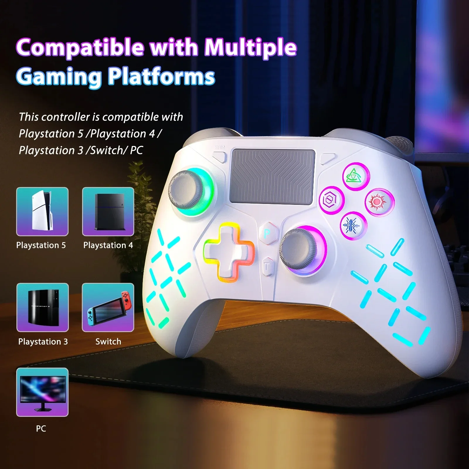 Playstation5 Controller For Ps5/Ps4/Ps3/Switch/PC LED RGB Light Support Vibration Function/Programming/Turbo Wireless Gamepad