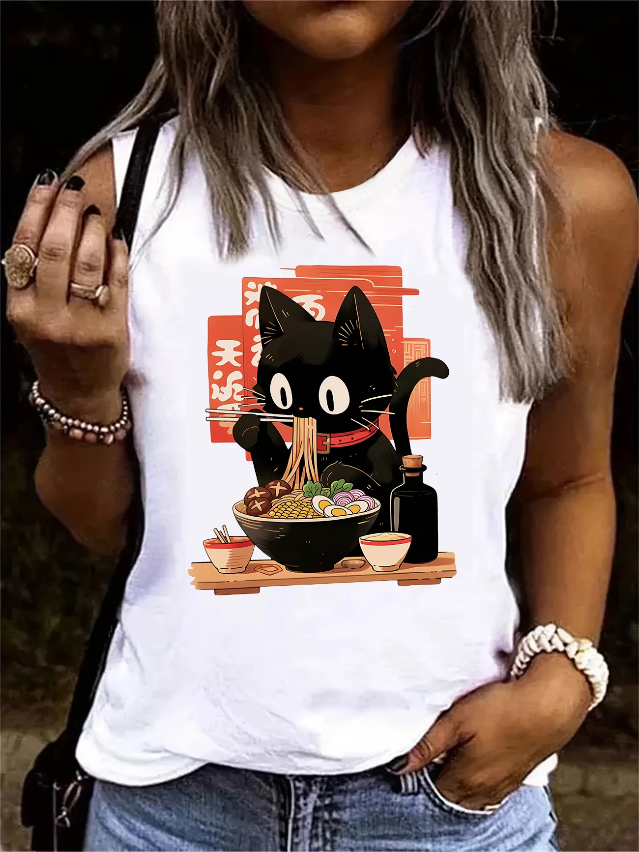 90s Funny T-shirt Ramen Cat Japanese Style Printed Vest Graphic Tank Top Women’s Sleeveless Crew Neck Casual Top Summer Spring
