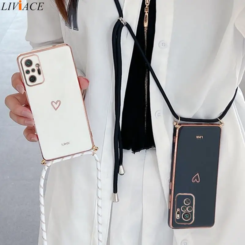 Love Heart Crossbody Lanyard Strap Plating Phone Case For Xiaomi Redmi Note 10 Pro Max 4G 5G 10s RedmiNote10 Redmi10 10C Cover