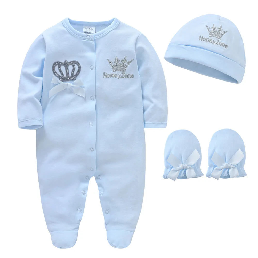 2024 Autumn 3 Pcs/lot Baby Boy Clothes Set 3M 6M 9M 100% Cotton Blue Crown Design Newborn Jumpsuit