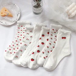 Japanese Cute Women Socks Red Strawberry Korean Style Flowers Crew Socks Kawaii Women Cotton Socks Harajuku Strawberry Cow Socks