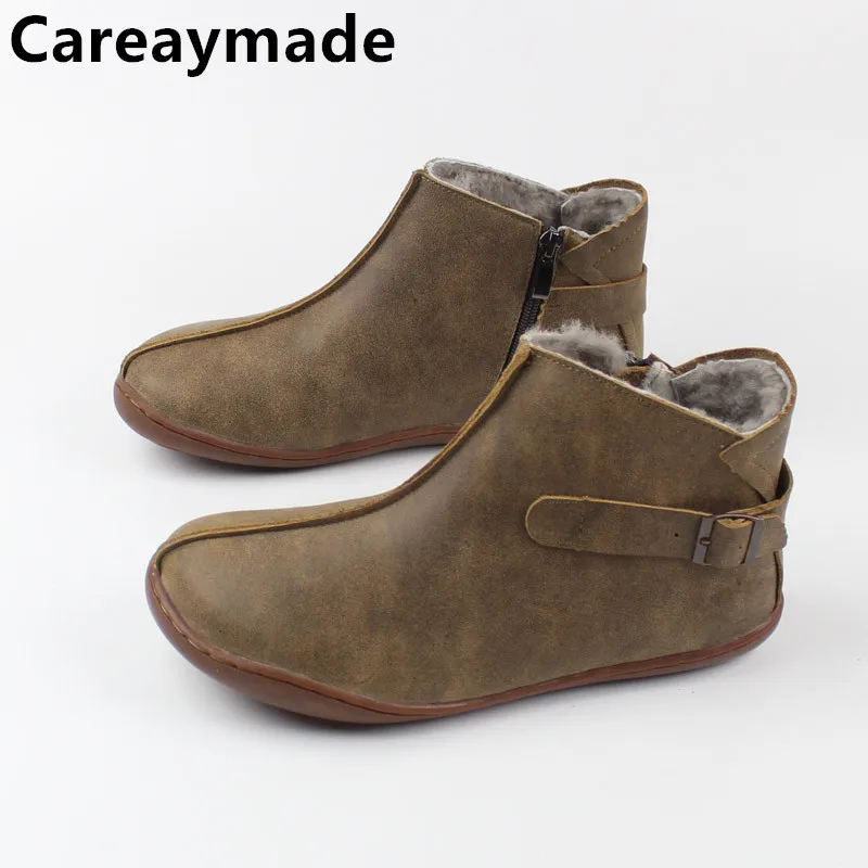 Careaymade-Handmade 100% Genuine leather short boots,female warm wool ankle boots,women Plus Size Casual bare foot flat shoes