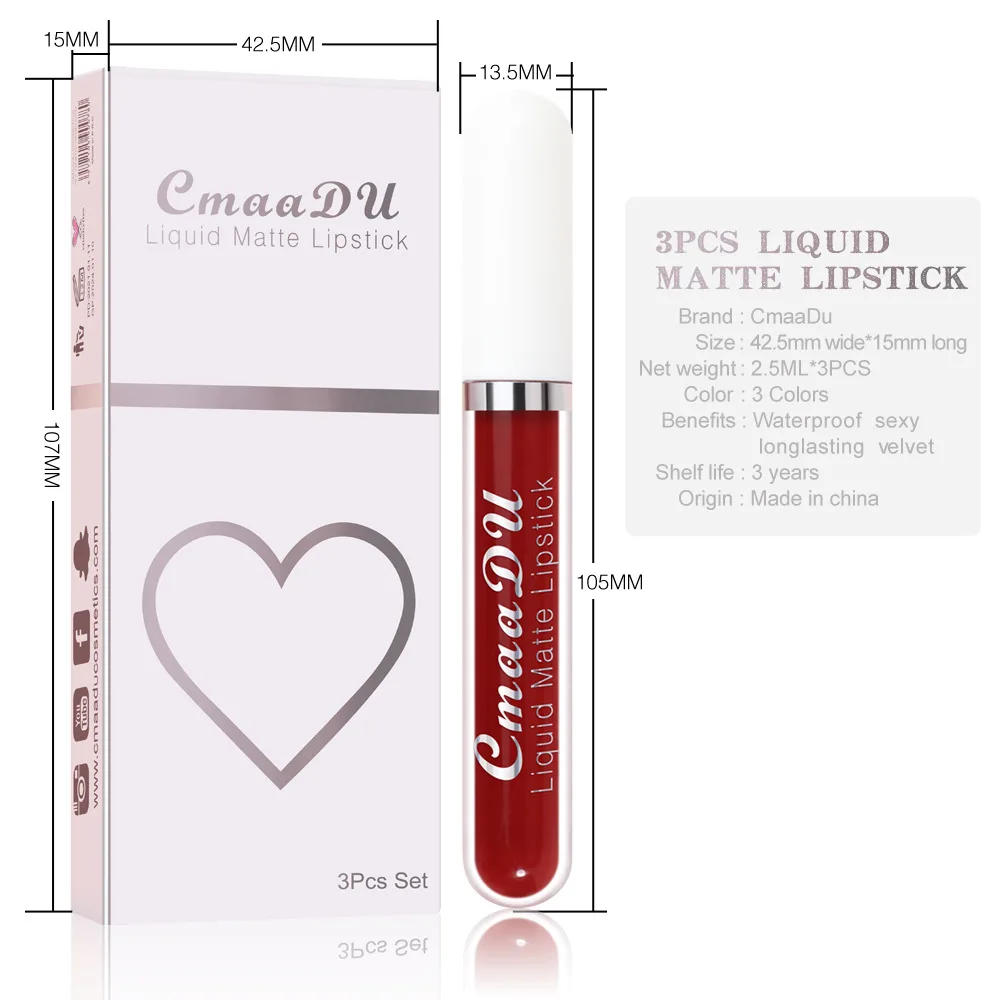 CmaaDU 3 Color Red Sexy Matte Liquid Lipstick Lip Gloss Set Makeup Moisturizing Anti-Cracking Non-stick Cup Lip Stick Lipgloss