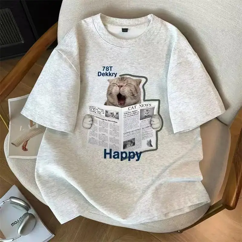 Men's T-shirt American Retro Style Heavyweight Pure Cotton Grey Fun Cat Newspaper Print Short-sleeved