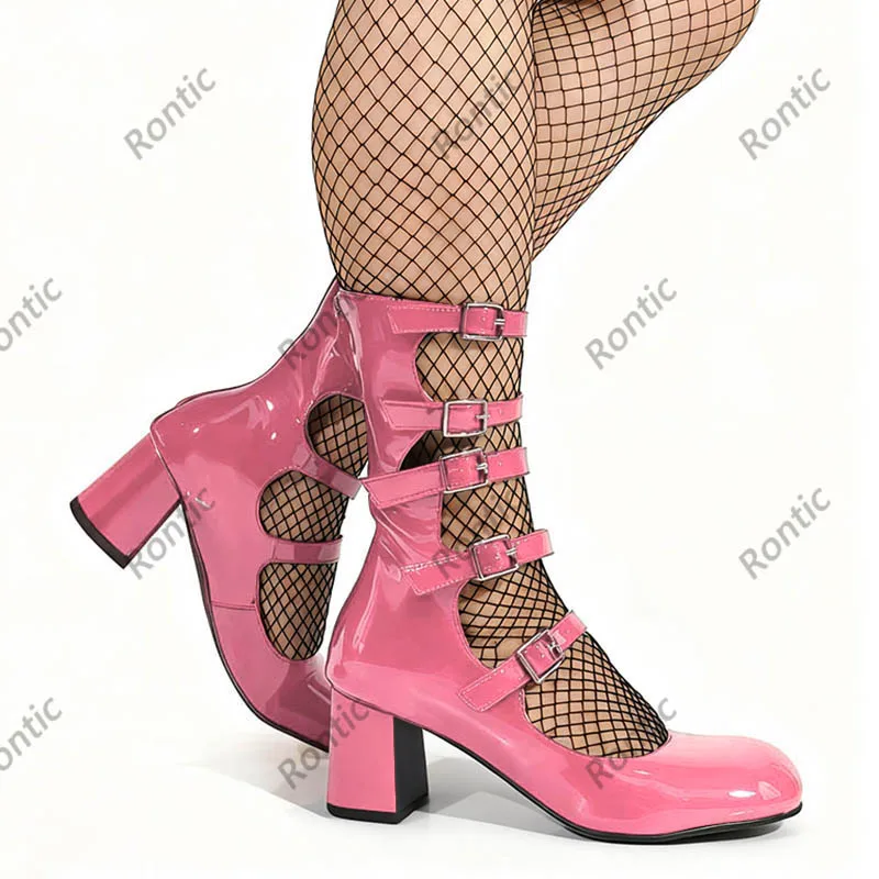 أحذية قوطية من الجلد اللامع باللون الأزرق - أحذية الكاحل المصنوعة يدويًا مع أشرطة بإبزيم - كعب لوليتا للسيدات مقاس كبير أمريكي 5-20 #2