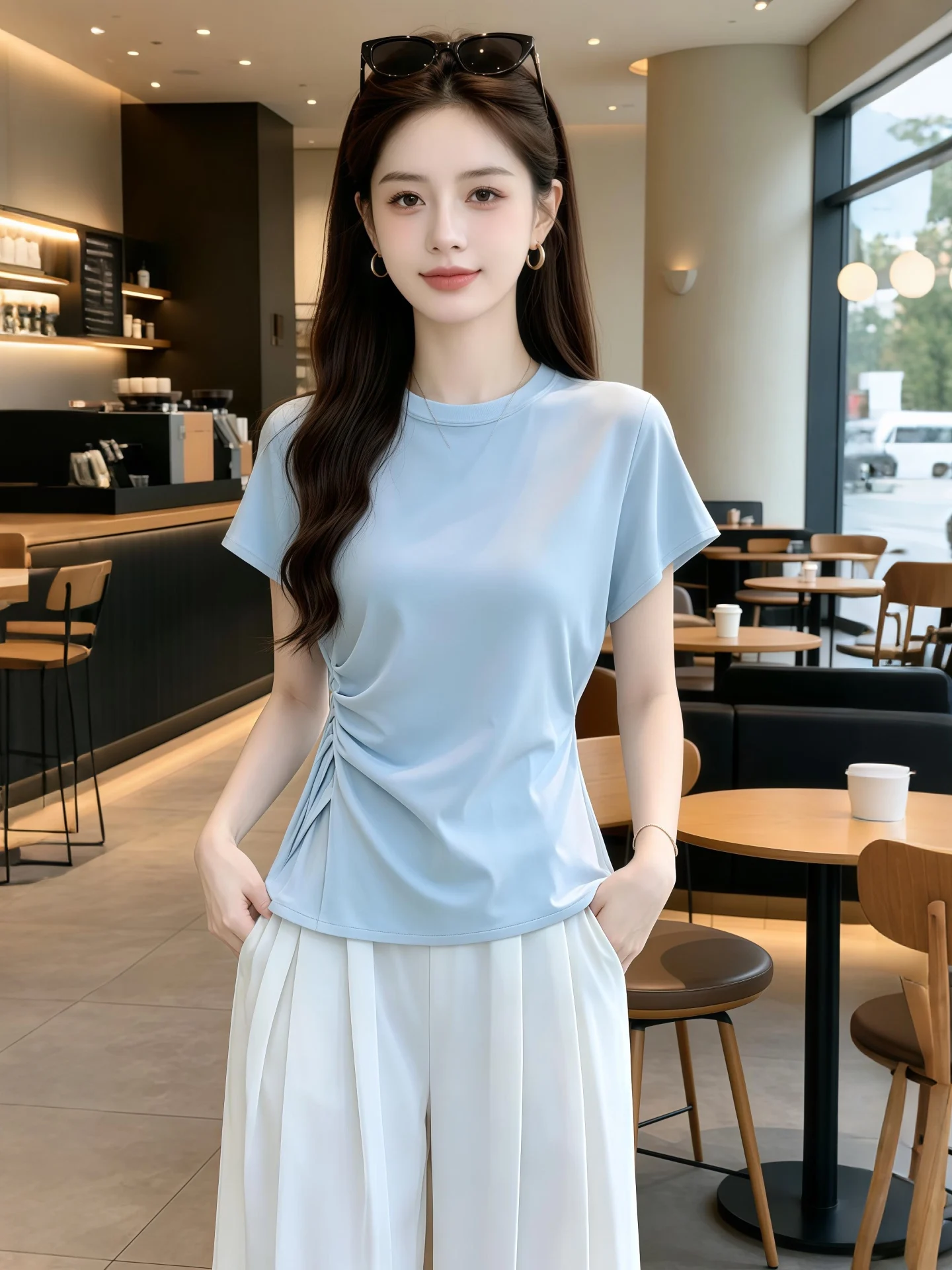 

Chic Light Purple Women's Suit with Wide Leg Pants Fashionable Design Summer Workwear Comfortable Fit round Neck Short Sleeve...