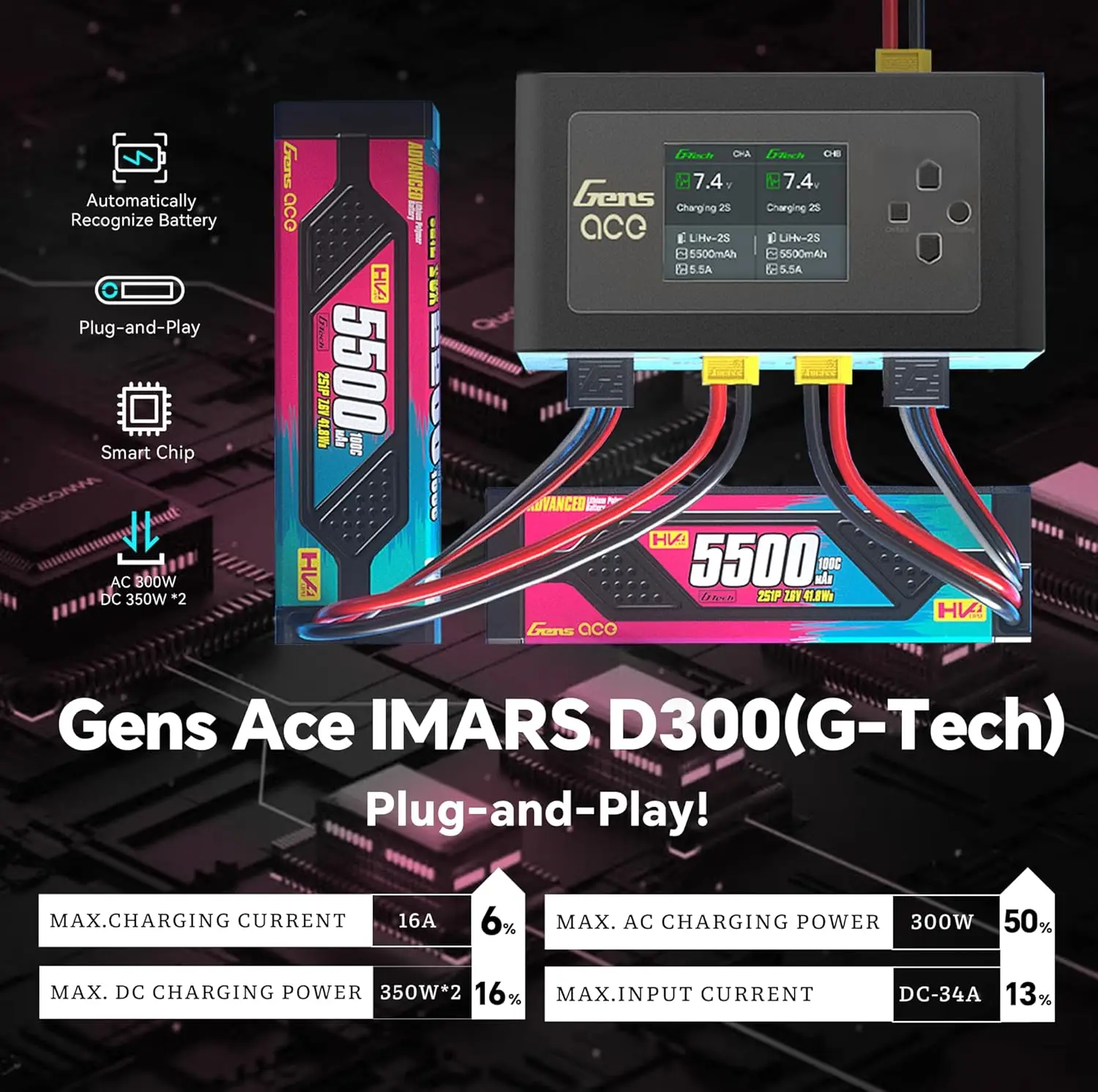 IMARS D300 Gens Ace 리포 배터리 충전기 G-Tech 시리즈 스마트 듀얼 리포 밸런스 충전기 AC 300W DC 700W(350W*2) 16A 듀얼 채널