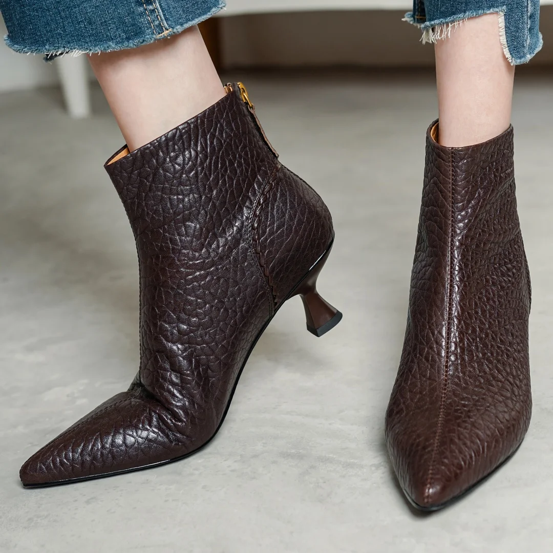 

Flokathy women's cow leather pointed toe back zip autumn ankle boots 5.5cm thin high heel elegant ladies slim dress short boots