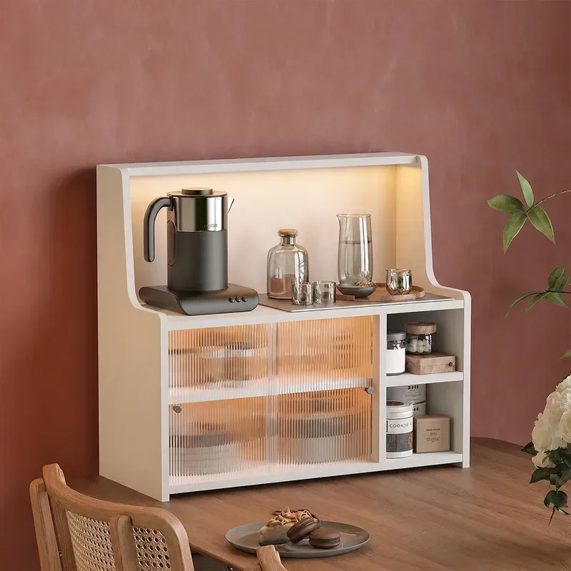 Solid Wood Dining Table with Shelf and Cup Holder Kitchen Side Cabinet Simple Dust Proof Glass Door Desk Side Storage Unit