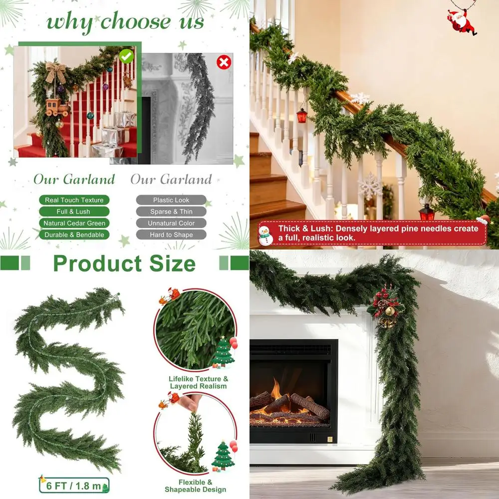 

Thick & Luxurious 6-Foot Real-Touch Cedar Garland for Christmas, Ideal for Indoor & Outdoor Holiday Decor