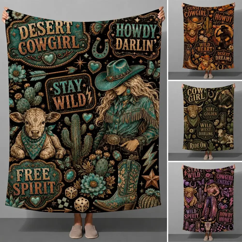 Cowgirl Western Style Rodeo Boots Stars Rustic Pattern Throw Soft Flannel Throw Blanket Warm for Couch Bed SofaCozy All Season