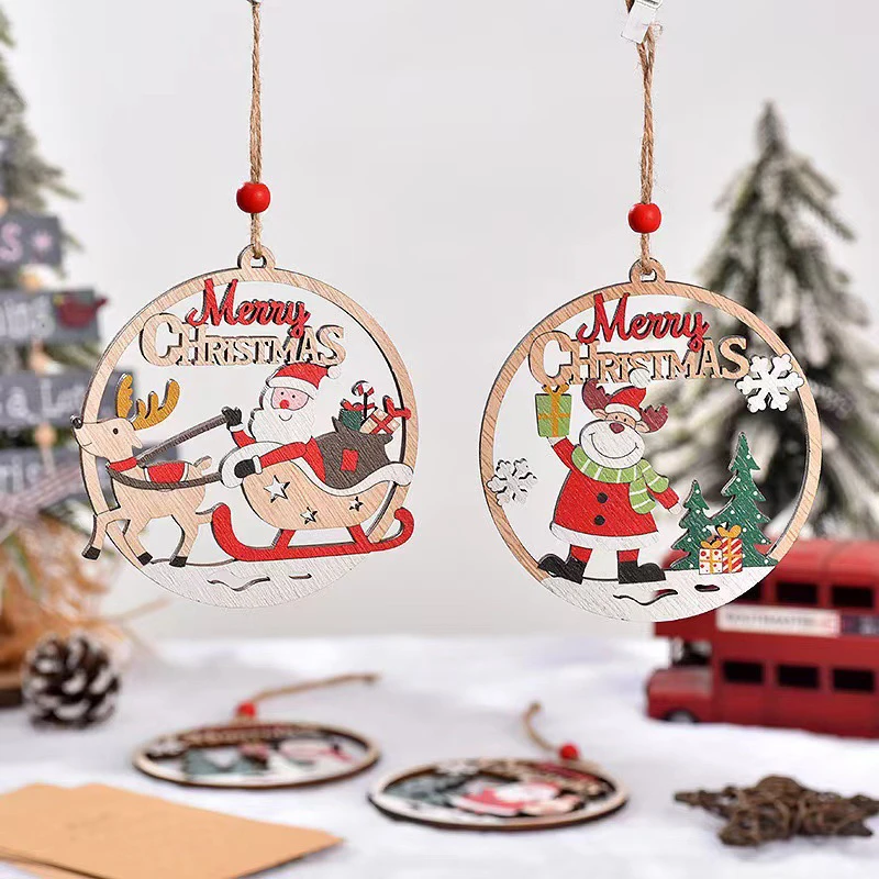 2024 Christmas Wooden Pendants Xmas Tree Hanging Ornaments Reindeer Christmas Decor Gingerbread Holiday New Year Decorations