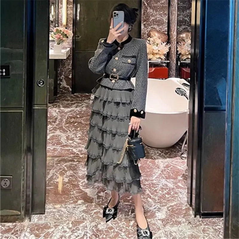 2024 Autumn Fashion Women\'s Two Piece Set Thousand Bird Grid Small Fragrance Style Slim Fit Comfortable and Versatile Dress