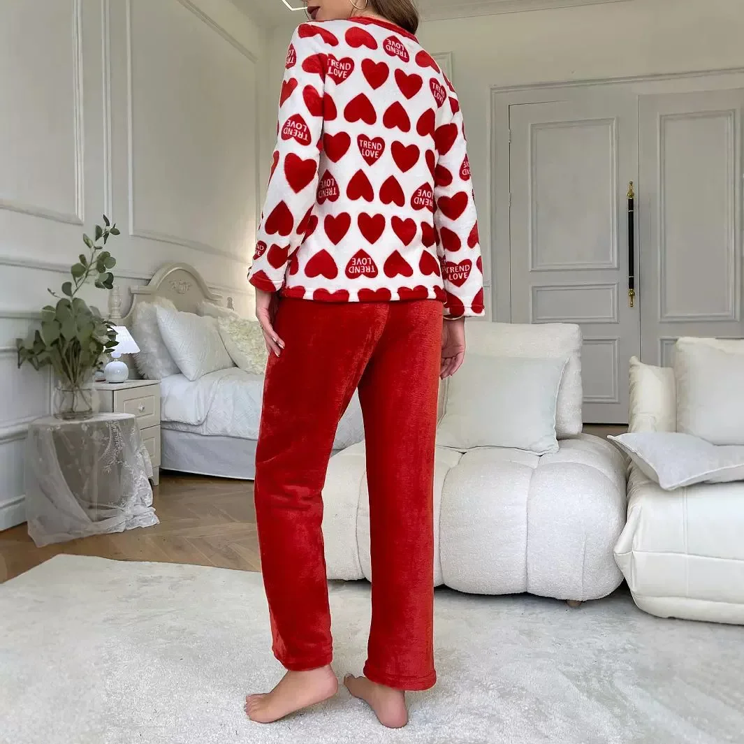 Autumn Winter Warm Thicken Pajamas Red Heart Pajamas Sets for Women Long Sleepwear Girl Rest Suits Coral Fleece Homewear Clothes