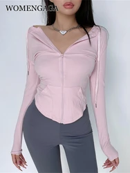 WOMENGAGA Autumn 2021 Thin Long Sleeve Tops Slim Skinny Short Zipper Hooded Cardigan Sweatshirt Workout Korean Women B7H4