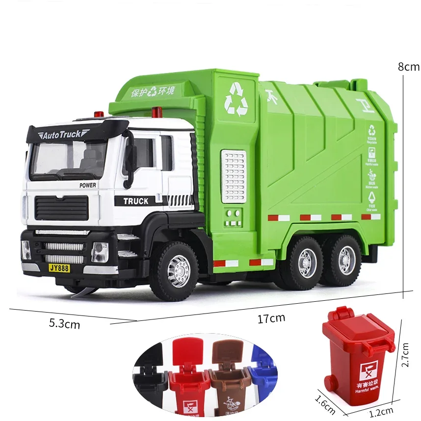 1:50 High-quality alloy pull-back sanitation garbage truck model,high-simulation sound and light,sanitation transport truck