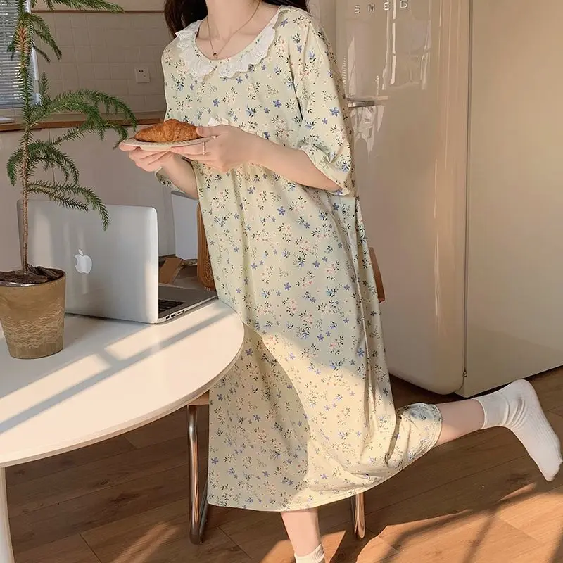 

Mid-length Nightgown for Women Short-sleeved Pajamas Dress With Lace Collar Dress With Floral Casual New in Women's Sleepwear