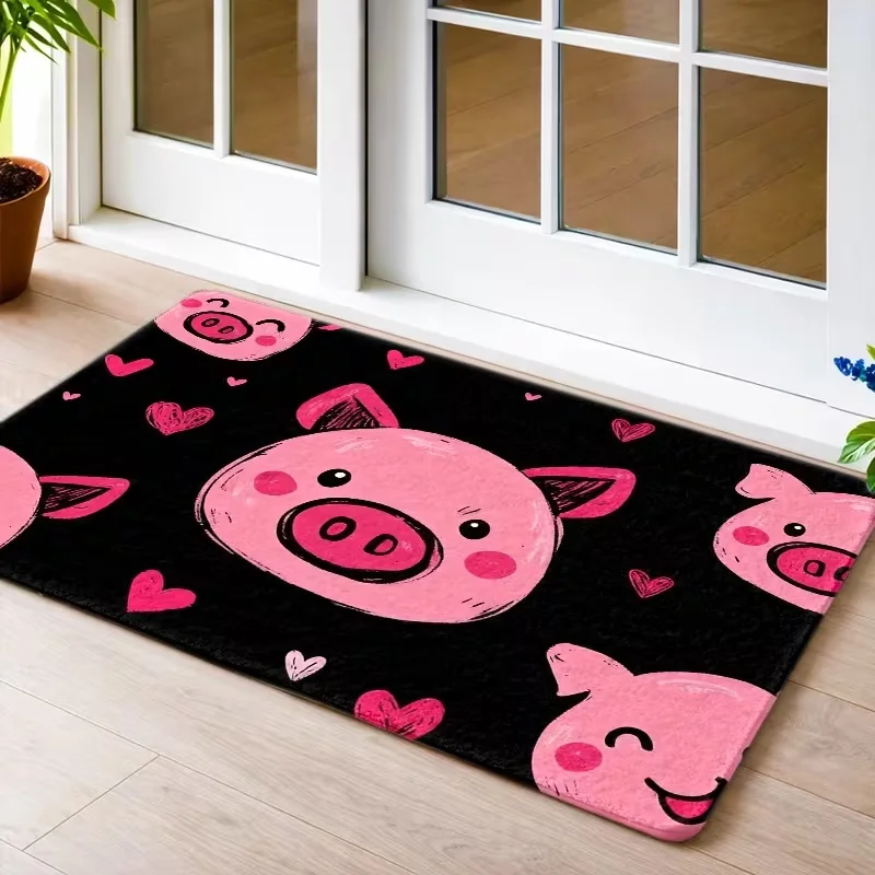 Cute Cartoon Pink Pig Heart Door Mat Non Slip Indoor Entrance Rug Lovely Piggy Sketch Pattern Doormat for Bedroom Decor