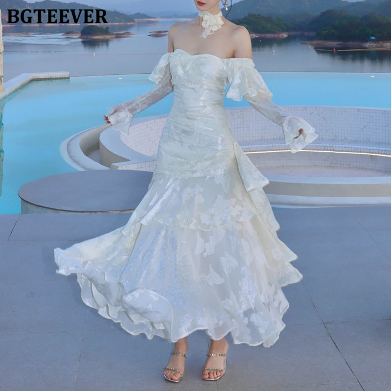 BGTEEVER Vintage Slim Waist Butterfly Jacquard Party Dress for Women Summer Elegant Ruffles Long Sleeve Female Strapless Dress