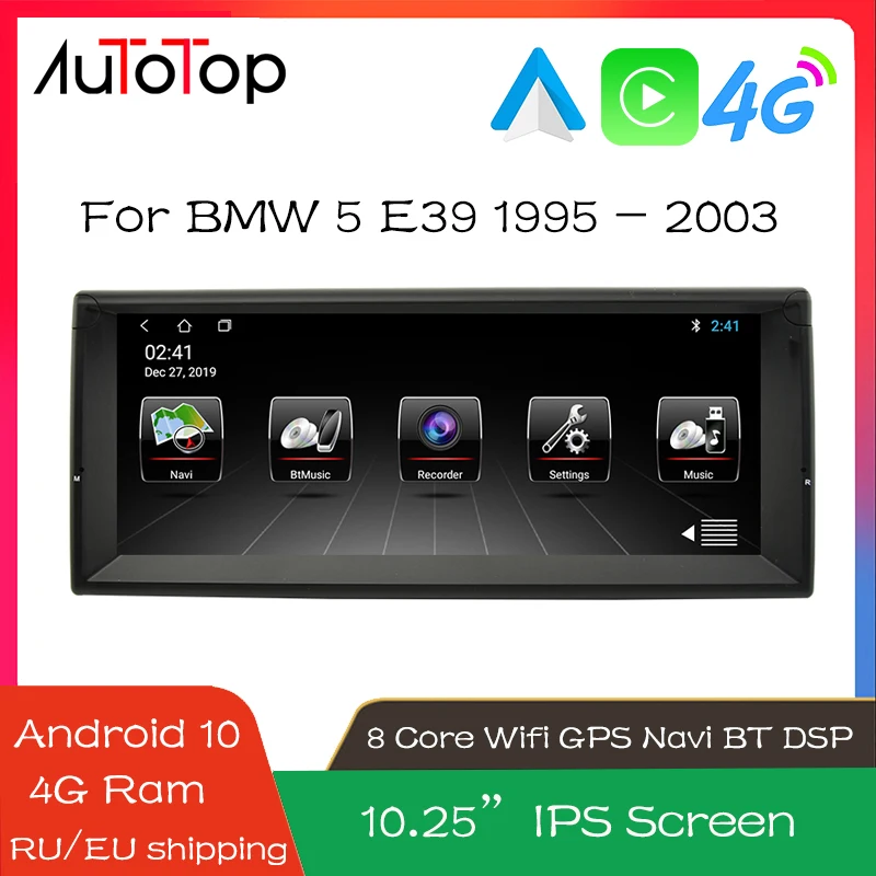 AUTOTOP 차량용 멀티미디어 플레이어, 안드로이드 10 카플레이, BMW 5 E39 1995-2003, 2 Din 오토라디오 RDS DSP GPS 네비게이션, BT Wifi, 10.25 인치