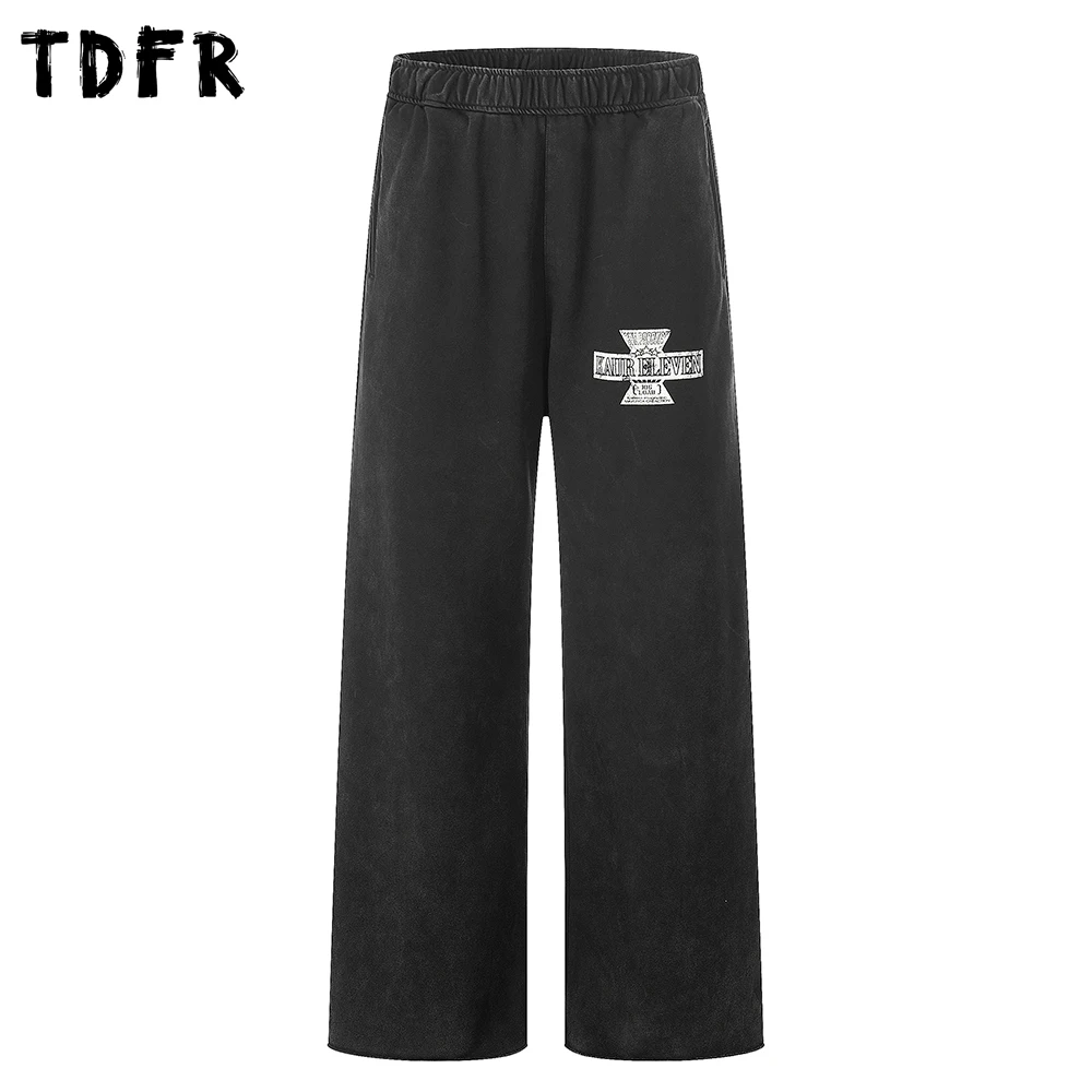 

Washed Distressed Print Sweatpants Mens Retro Safari Style Baggy Straight Wide Leg Elastic Waist Casual Trousers Man