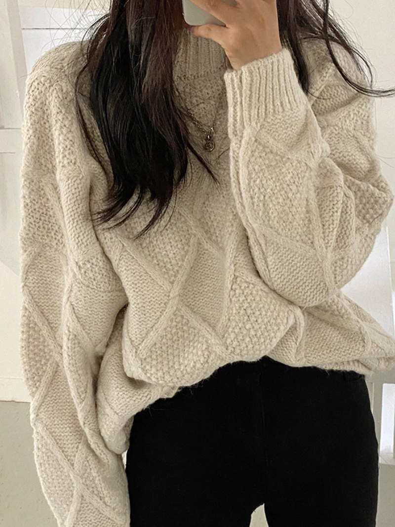 

Chic Loose Lazy Warm Retro Twist f High Ne Overhead Sweater Coat Women Winter Long Sve Knitted Outerwear Fem