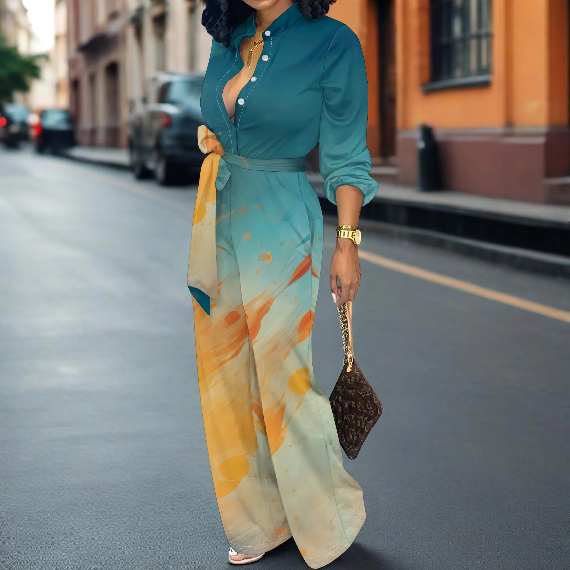 

Nupusa Abstract Print Jumpsuit for Women Summer Casual Button - Up Belted Wide Leg Onesie