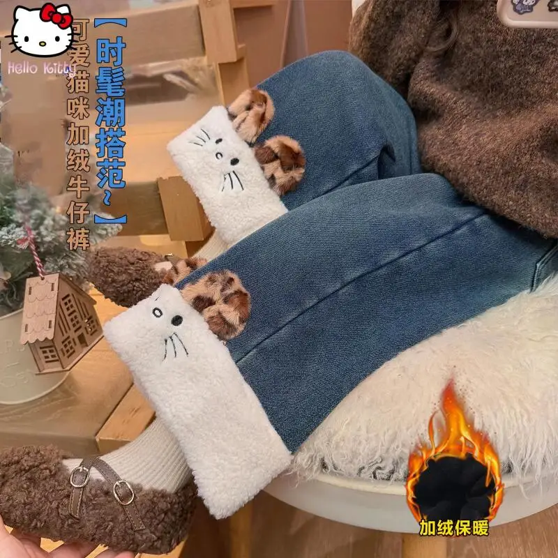

Детские зимние теплые джинсы в стиле аниме, каваи, новые утепленные брюки с котом для девочек, свободные широкие брюки, модные прямые брюки