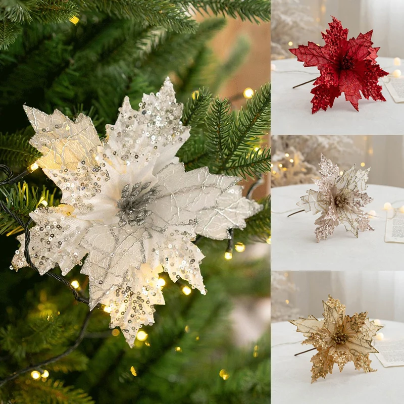 Glitter Sparkling Christmas Flower Artificial Gold Silver Poinsettia Floral Christmas Tree Ornaments New Year Home Party Decor