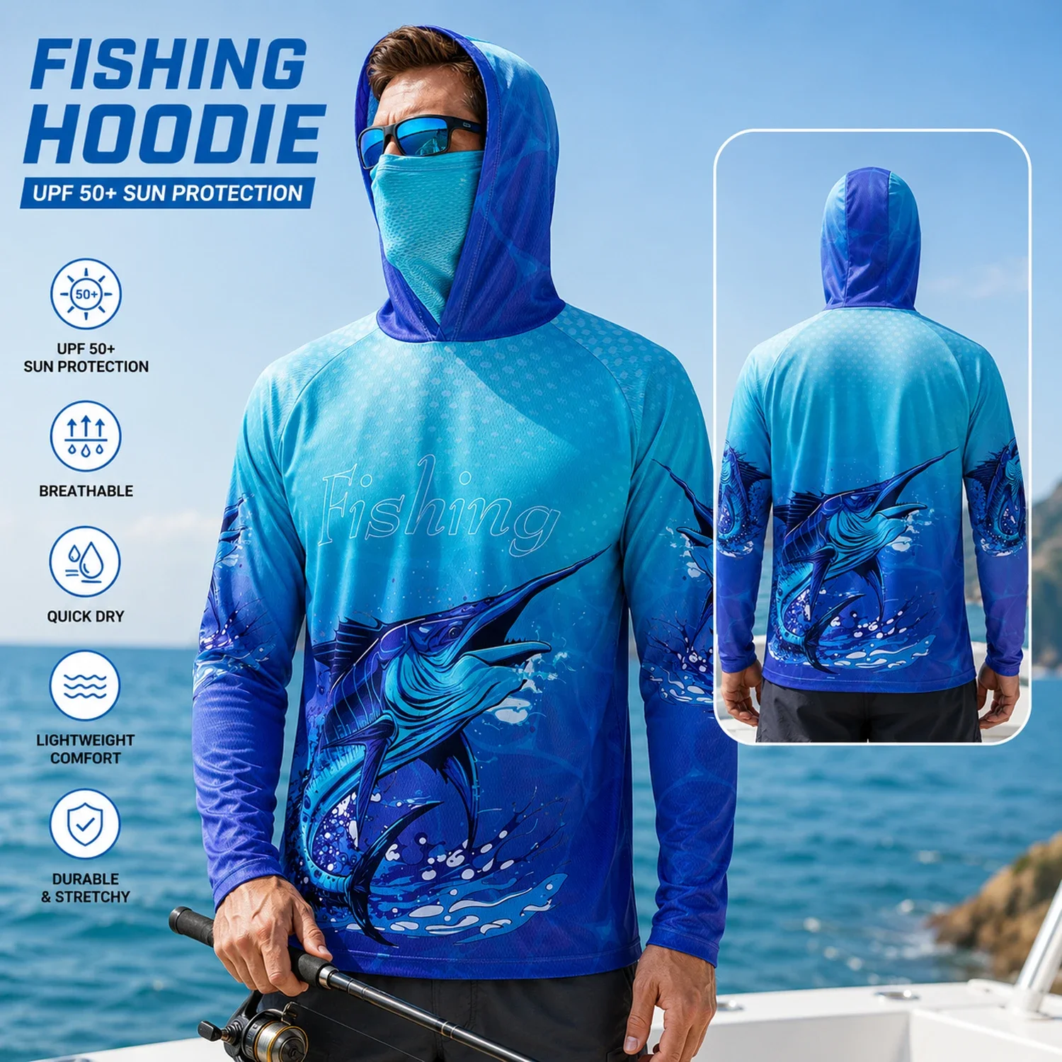 Angelhemd mit Kapuze für Herren, Angelkleidung, Outdoor-Sommer-Masken-Hoodie, Sonnenschutz, UV-Schutz, Performance-Jersey – Detail 3