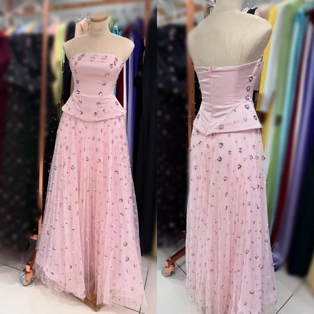 Customized Net Sequined Pattern Strapless A-line Midi Dresses Bespoke Occasion Women's Evening Sparkle Elegant Party Wedding