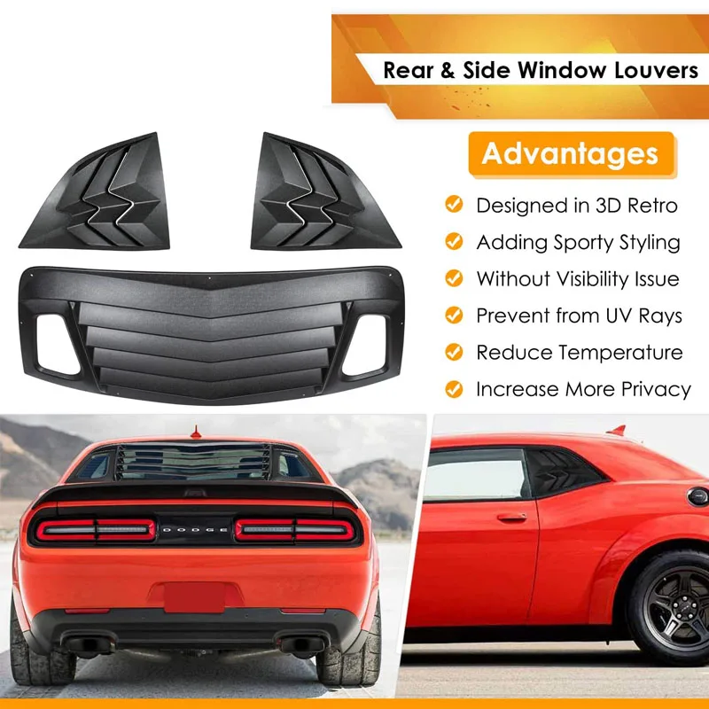 Rear and Side Window Louvers for Dodge Challenger 2008-2023 Windshiled Scoop Louvers Sun Shade Cover ABS Matte Black