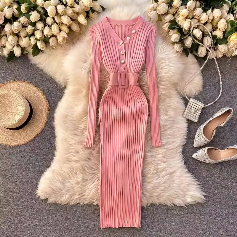 YuooMuoo2024 outono inverno feminino vestido de malha com nervuras elegante com decote em v botões bodycon camisola vestido com cinto senhora escritório vestido