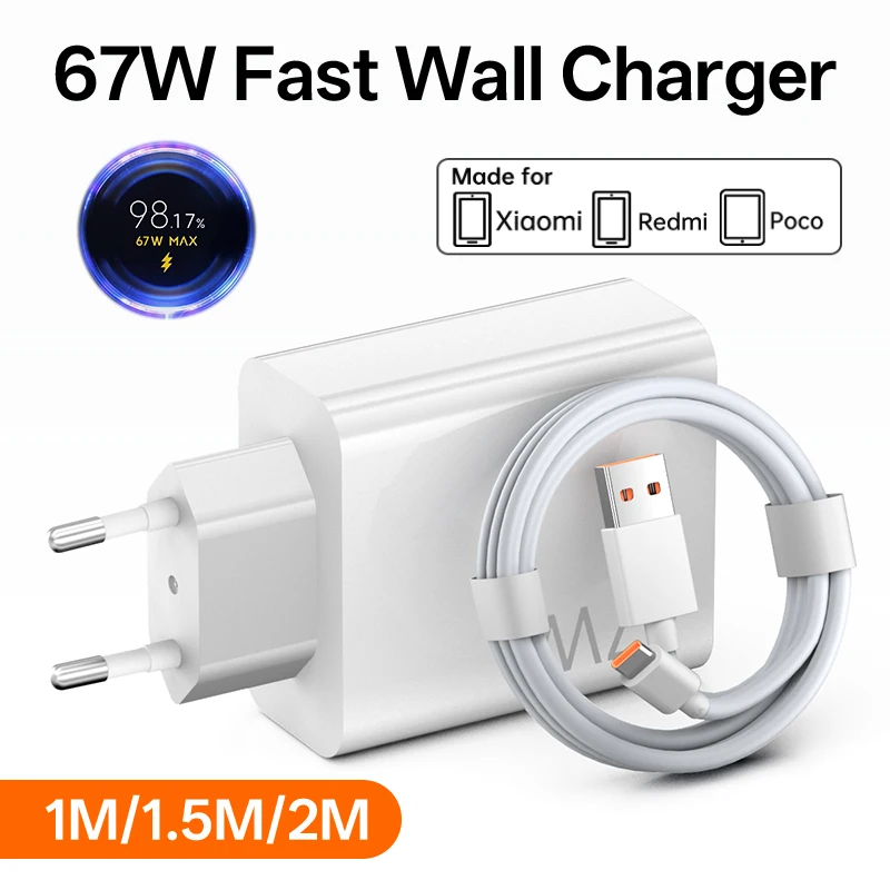

Зарядное устройство Xiaomi 67W USB Super Fast Charger EU Power Adapter для Mi 15T 14T 13 12 11 POCO X6 X5 F5 Pro Note 13 12 6A, кабель для зарядки Type-C
