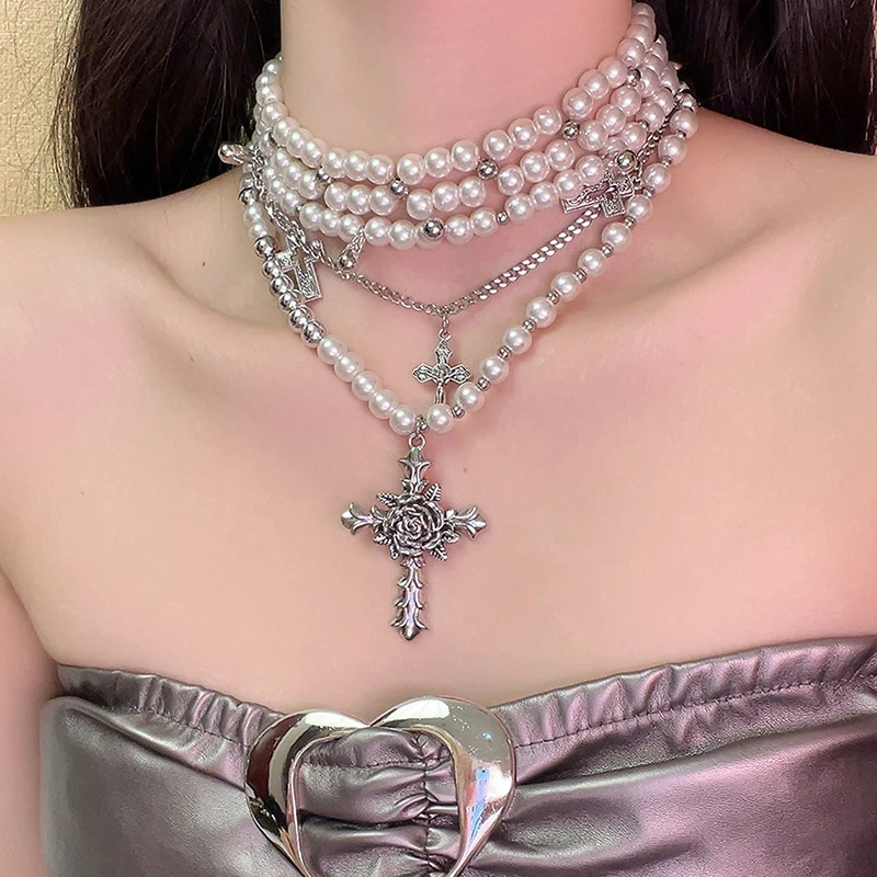 Goth Fashion Rose Cross Imitation Pearl Beadd Pendant Necklace for Women Cool Charm Aesthetic Accessories Vintage Luxury Jewelry