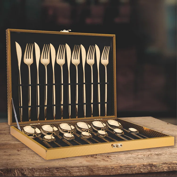 16 piece/24 piece wooden box stainless steel tableware knife,fork and spoon main fourpiece set Portugal cross-bordergift box set