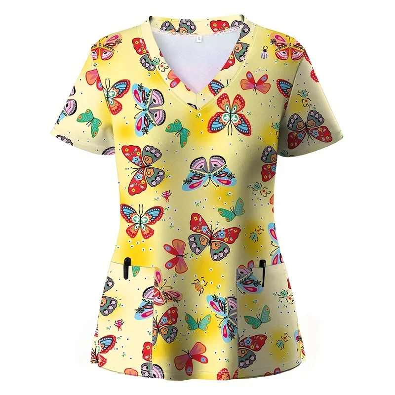 Elegant butterfly printVShort-sleeved, slightly stretchy nurse top Women's hospital workwear for medical personnelTShirt