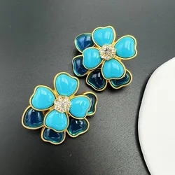 Vintage Luxury Enamel Peacock Blue Color Earings Four Leaf Flower Double layer Ear Studs