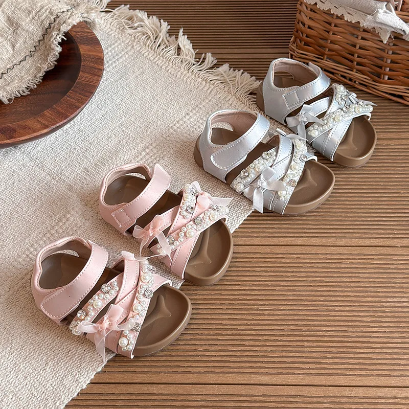 Girls Beach Shoes Sweet Beading Princess Style Kids Casual Sandals Open Toes 2026 Summer New Children Fashion Shoes Soft Sole