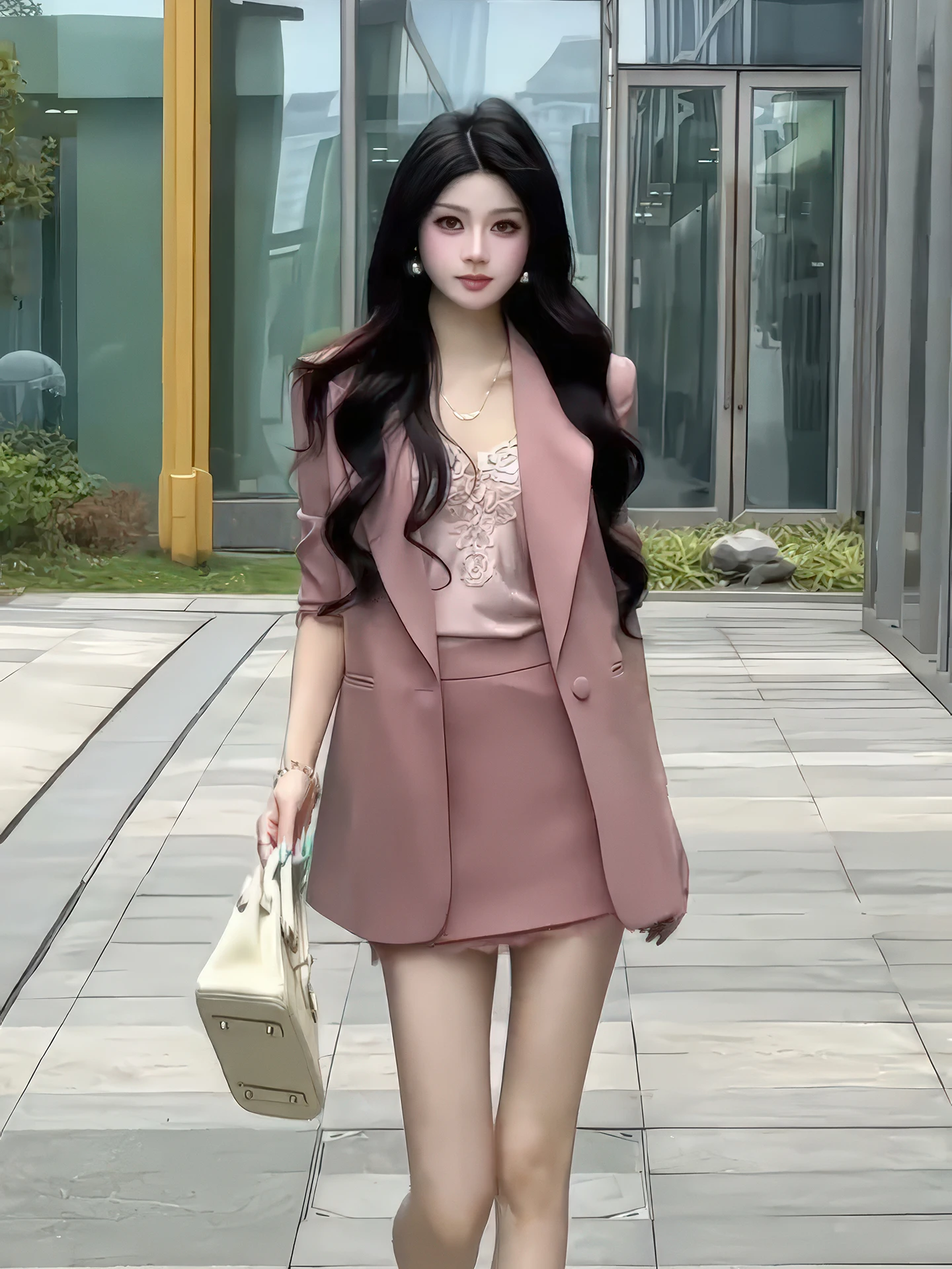 

Pink Suit Set Women's Spring 2026 New Professional Matching Blouse Skirt Three-piece Set Korean Style V-neck Button Closure