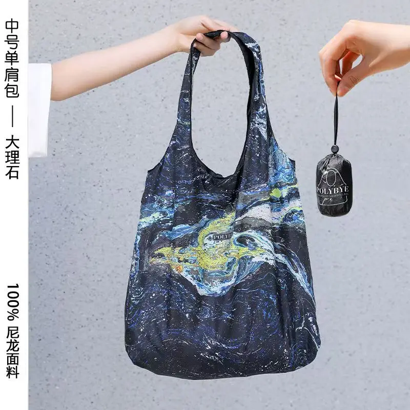 2026 Fashion Printed Nylon Single Shoulder Ultra Light Folding Eco friendly Storage Travel Shopping Bag Color