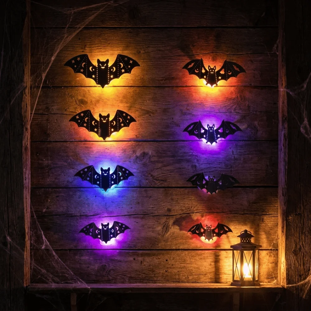 8Pcs 3D Luminous Bats Bat Wall Sticker PET Material Self-Adhesive LED Bat Light Stereoscopic Halloween Wall Decal
