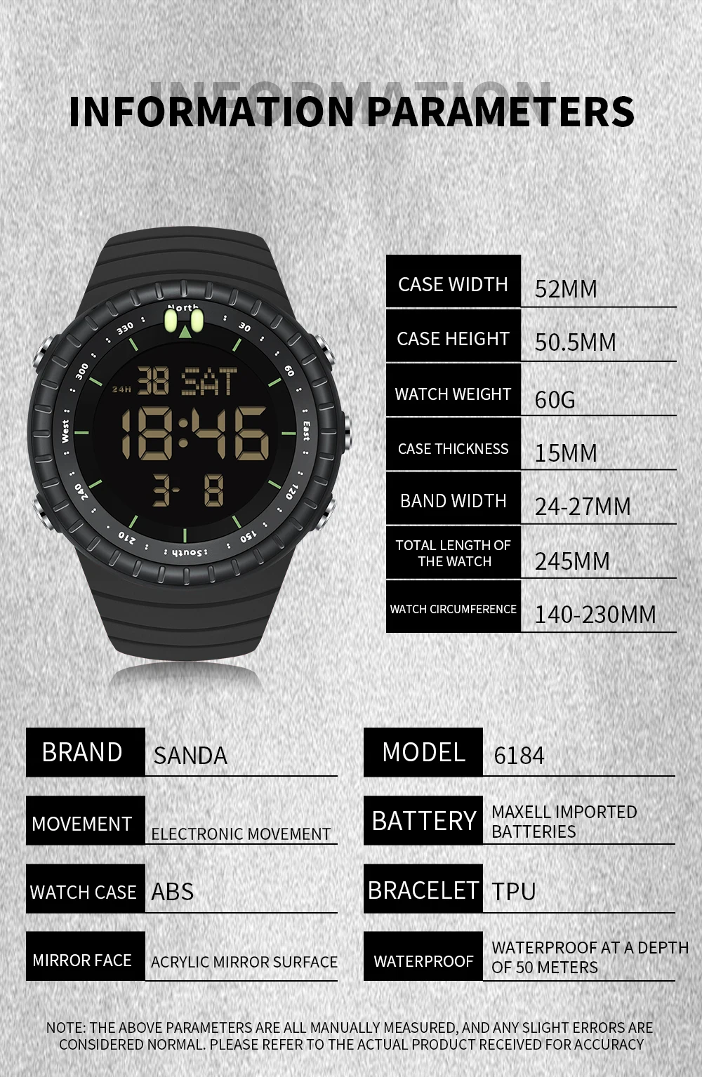 Fashion Sanda Top Brand 6184 Military Sports For Man 50m Waterproof Digital Watches Luxury Outdoor Men\'s Original Wrist Watches